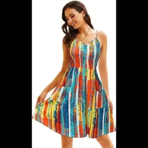 V Neck Sundress Spaghetti Strap Button Down Dress
