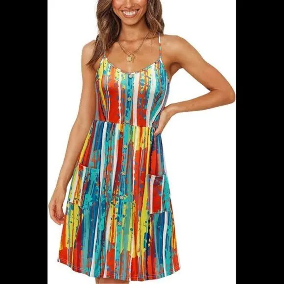 V Neck Sundress Spaghetti Strap Button Down Dress