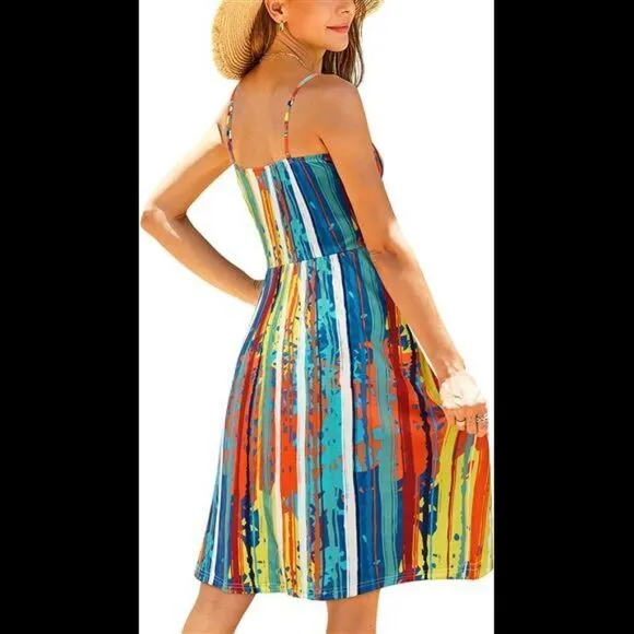 V Neck Sundress Spaghetti Strap Button Down Dress