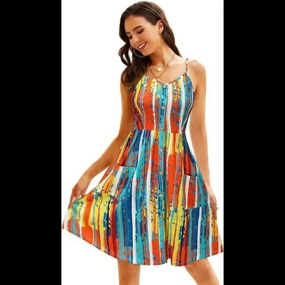 V Neck Sundress Spaghetti Strap Button Down Dress