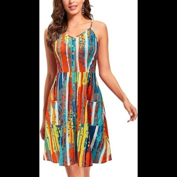 V Neck Sundress Spaghetti Strap Button Down Dress