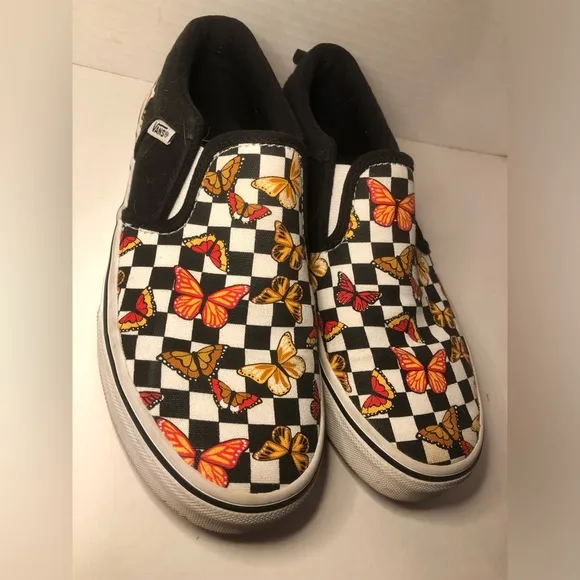 Vans Kids Slip-On Butterfly Checkered Shoes - Black and Multicolor