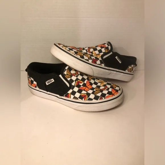 Vans Kids Slip-On Butterfly Checkered Shoes - Black and Multicolor