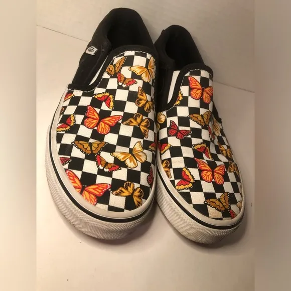 Vans Kids Slip-On Butterfly Checkered Shoes - Black and Multicolor