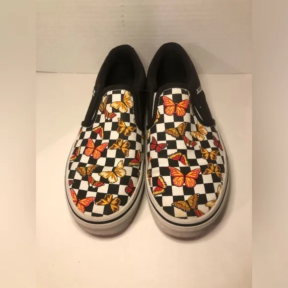 Vans Kids Slip-On Butterfly Checkered Shoes - Black and Multicolor