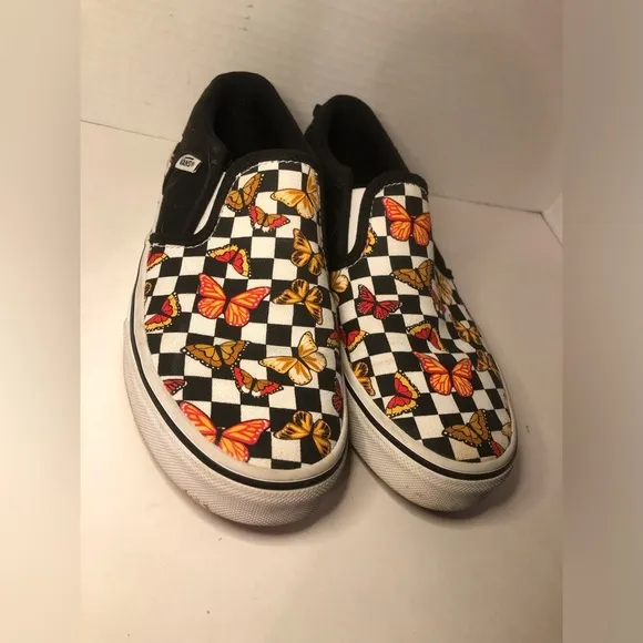 Vans Kids Slip-On Butterfly Checkered Shoes - Black and Multicolor