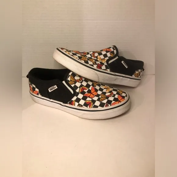 Vans Kids Slip-On Butterfly Checkered Shoes - Black and Multicolor