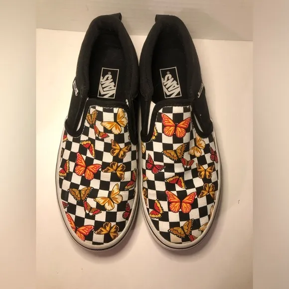 Vans Kids Slip-On Butterfly Checkered Shoes - Black and Multicolor
