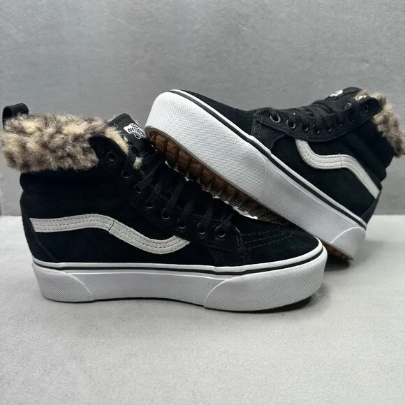 VANS Sk8-Hi Platform MTE Womens Size 6 Shoes Black Suede Leopard Faux Fur