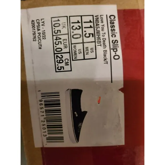 Vans Slip On Love You To Death Men SZ 11.5 Skateboarding Casual Black Skull Rare