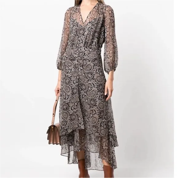 VERONICA BEARD Sazan Paisley Floral Long Sleeve Handkerchief Hem Midi Dress Sz 2