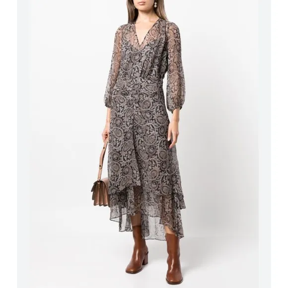 VERONICA BEARD Sazan Paisley Floral Long Sleeve Handkerchief Hem Midi Dress Sz 2