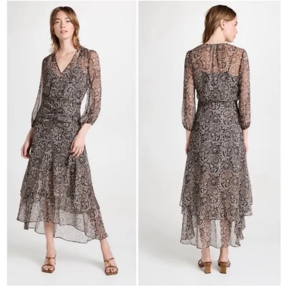VERONICA BEARD Sazan Paisley Floral Long Sleeve Handkerchief Hem Midi Dress Sz 2