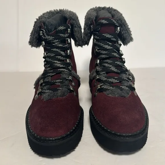 Very Volatile size 7 Tonkin burgundy suede leather Sherpa fur lined boots NIB