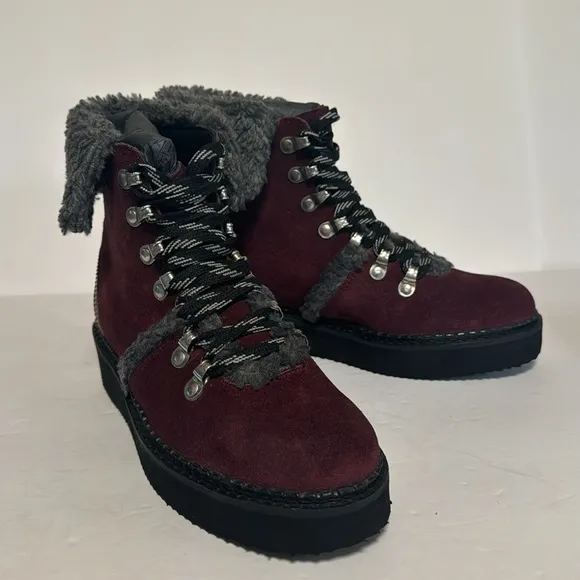 Very Volatile size 7 Tonkin burgundy suede leather Sherpa fur lined boots NIB