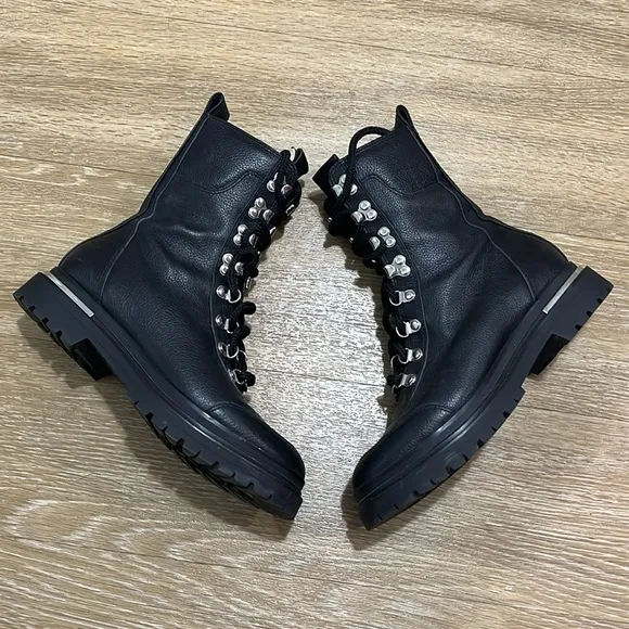 VIA SPIGA TAVVI Lace Up Combat Hiking Boots Shoes Black Leather