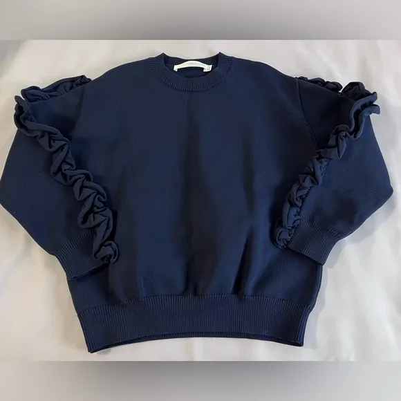 VICTORIA VICTORIA BECKHAM RUFFLE TRIMMED RIBBED KNIT SWEATER‎ Sz 8