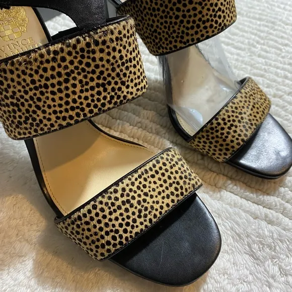 Vince Camuto Cheetan Print Leather &amp; Fur Ankle Strap Heeled Sandals woman’s 9 M‎
