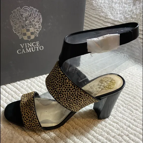 Vince Camuto Cheetan Print Leather &amp; Fur Ankle Strap Heeled Sandals woman’s 9 M‎