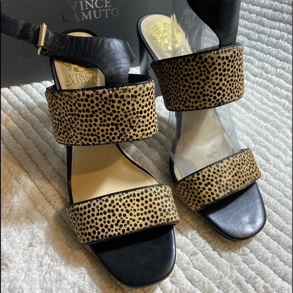 Vince Camuto Cheetan Print Leather &amp; Fur Ankle Strap Heeled Sandals woman’s 9 M‎