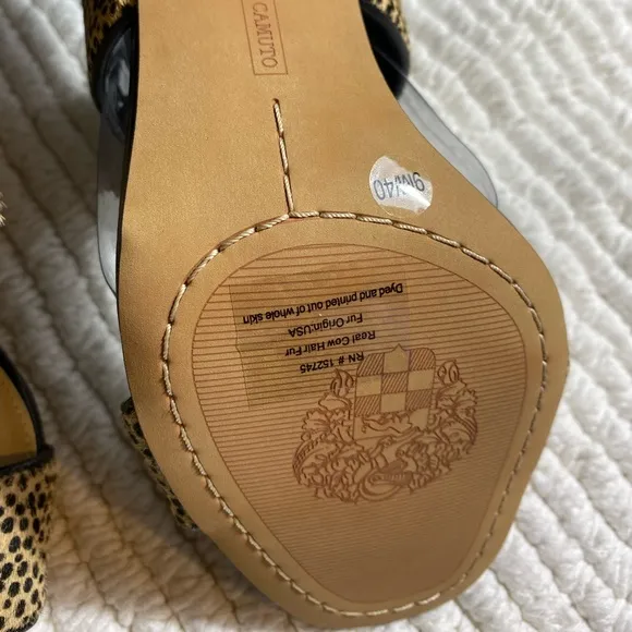 Vince Camuto Cheetan Print Leather &amp; Fur Ankle Strap Heeled Sandals woman’s 9 M‎