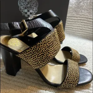 Vince Camuto Cheetan Print Leather &amp; Fur Ankle Strap Heeled Sandals woman’s 9 M‎