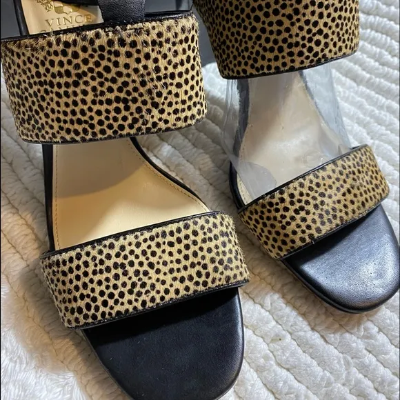 Vince Camuto Cheetan Print Leather &amp; Fur Ankle Strap Heeled Sandals woman’s 9 M‎