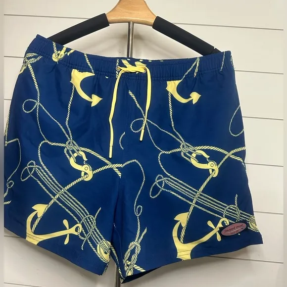 Vineyard Vines Blue and Yellow Anchor Print Men’s Swim Shorts | Brand New