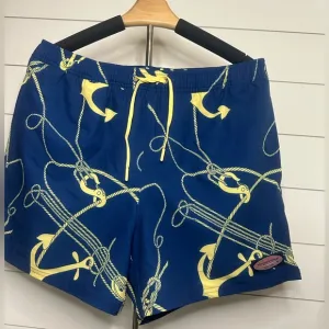 Vineyard Vines Blue and Yellow Anchor Print Men’s Swim Shorts | Brand New