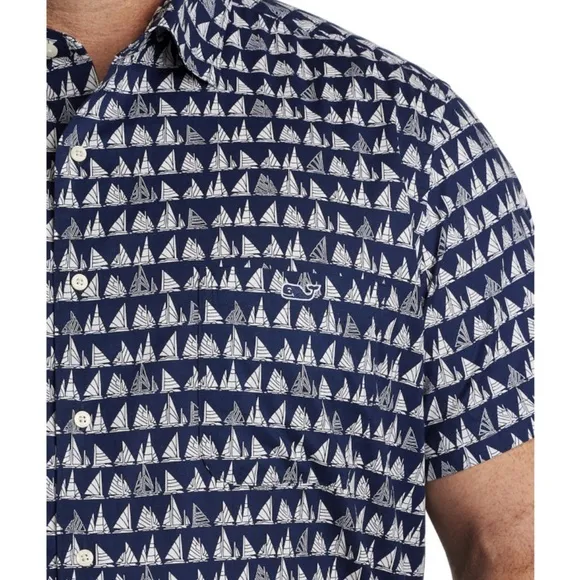 Vineyard Vines Mens Button Down Short Sleeve Boat Parade Nautical Navy - Blue NW