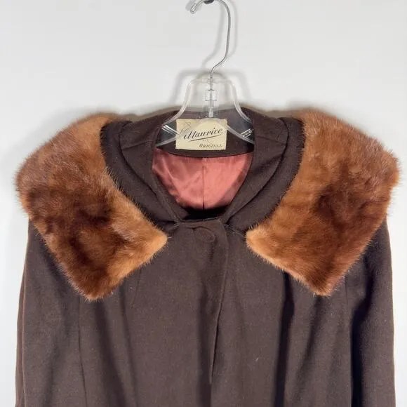 Vintage 1960's Maurice Brown Winter Overcoat Fur Collar Women's Size 8/ Medium
