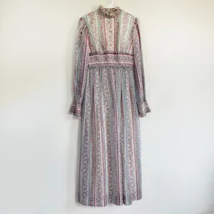 Vintage 1970 Cottagecore Victorian Maxi Dress Prairie Floral Smocked High Neck S