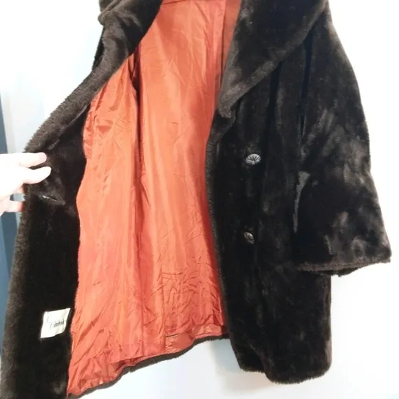 Vintage 60s 70s dbl brst chocolate faux fur coat