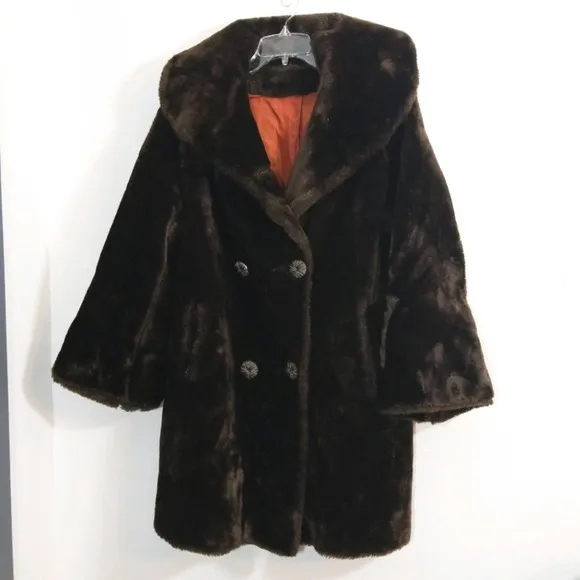 Vintage 60s 70s dbl brst chocolate faux fur coat