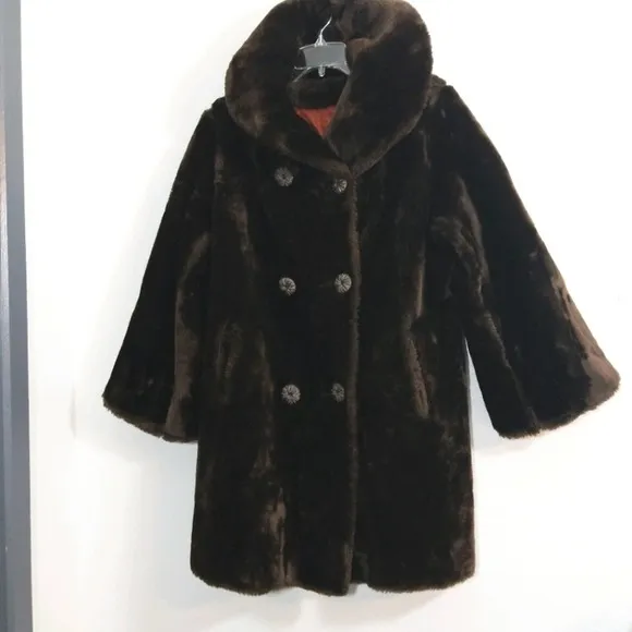 Vintage 60s 70s dbl brst chocolate faux fur coat