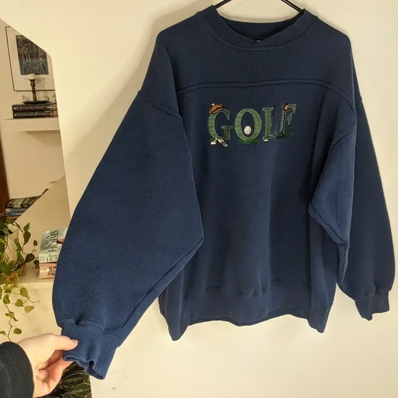 Vintage 90s Grunge Navy Blue Golf Embroidered Spell Out Grandpa Sweatshirt