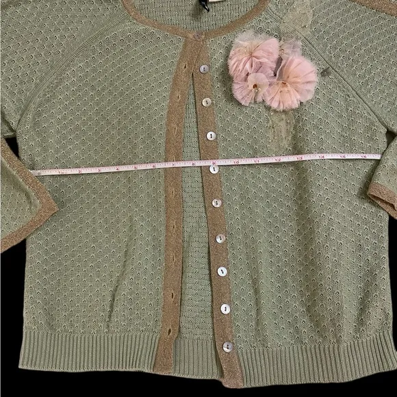 Vintage Anthropologie embellished flower pointelle cardigan sweater green gold M