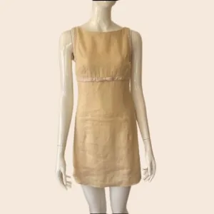 Vintage Cream and Pastel Yellow Mini Linen Dress Size 2