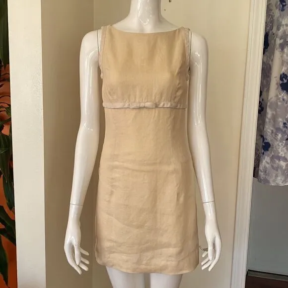 Vintage Cream and Pastel Yellow Mini Linen Dress Size 2