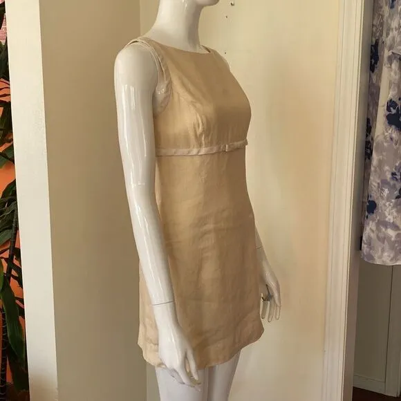 Vintage Cream and Pastel Yellow Mini Linen Dress Size 2