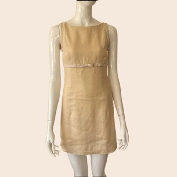 Vintage Cream and Pastel Yellow Mini Linen Dress Size 2