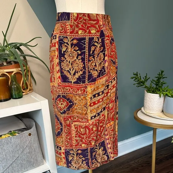 Vintage Dana Buchman Reversible Silk Wrap Skirt Boho Maharajah Print 90s Luxe 14