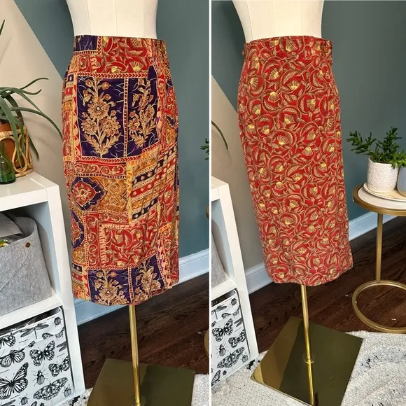 Vintage Dana Buchman Reversible Silk Wrap Skirt Boho Maharajah Print 90s Luxe 14
