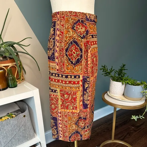 Vintage Dana Buchman Reversible Silk Wrap Skirt Boho Maharajah Print 90s Luxe 14