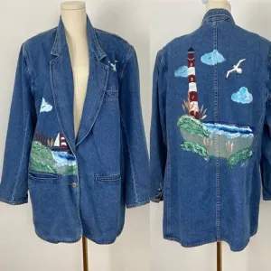 Vintage Denim Blazer Unique Y2K Hand Painted Coastal GrandmaCore Teacher  1XL