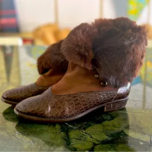 Vintage Hassia Real Beaver Fur   Crocodile embossed Ankle Boots 7. One of a Kind