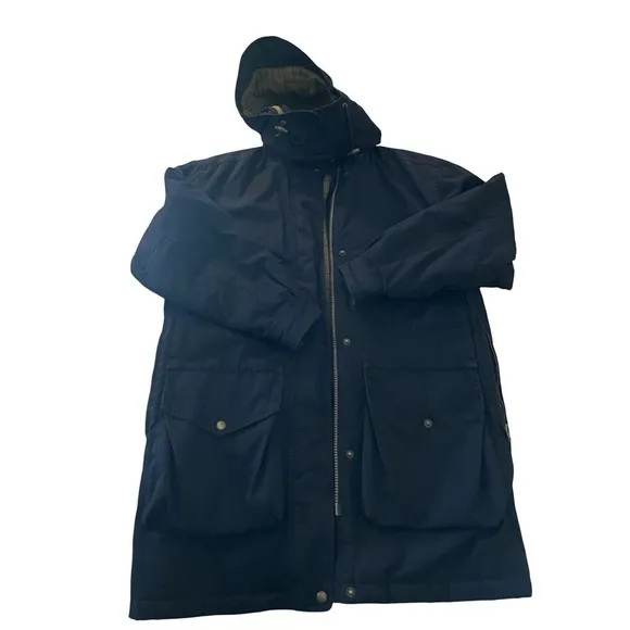 Vintage Lands End Long Chore Jacket Barn Coat Small Wool Lined Hooded Navy Women