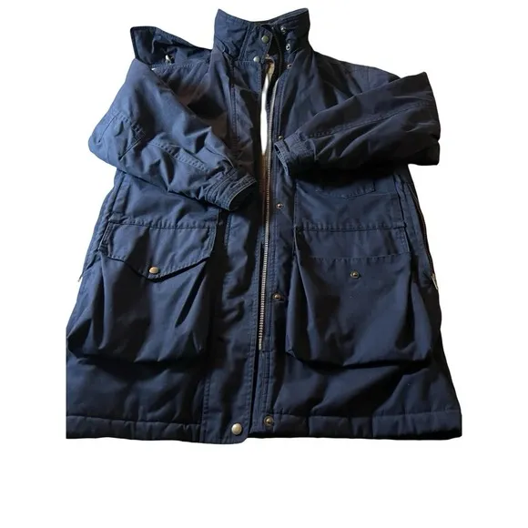 Vintage Lands End Long Chore Jacket Barn Coat Small Wool Lined Hooded Navy Women