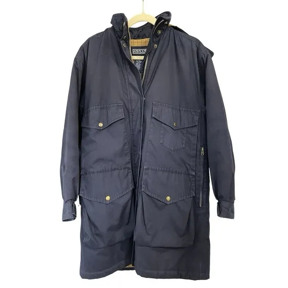 Vintage Lands End Long Chore Jacket Barn Coat Small Wool Lined Hooded Navy Women