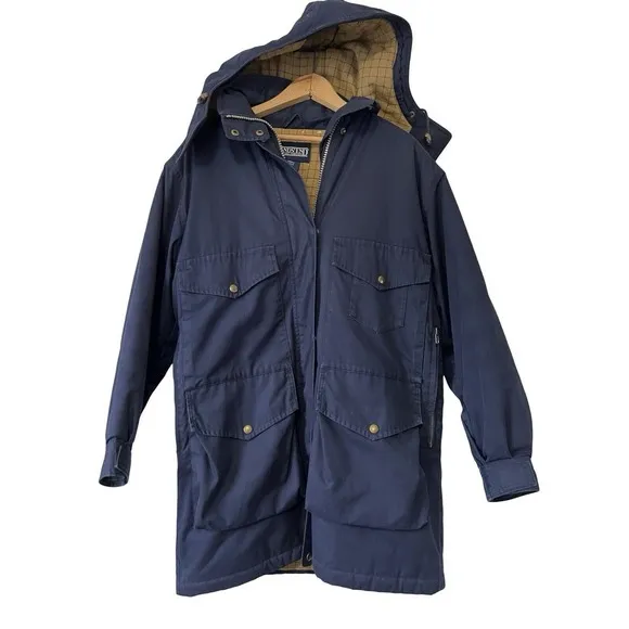 Vintage Lands End Long Chore Jacket Barn Coat Small Wool Lined Hooded Navy Women